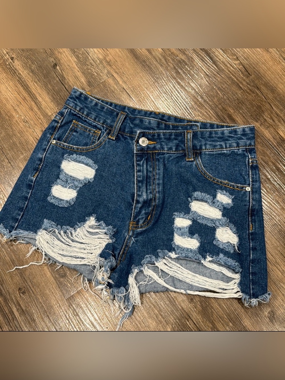 Dark Wash Distressed High Rise Denim Shorts | Frayed Cutoff Festival Summer